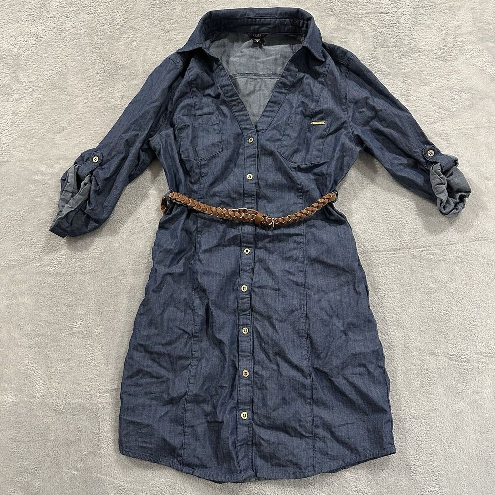 Guess Button Mini Dress Women Small Long Sleeve Blue Belt Chic Casual